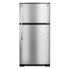 Top Mount Refrigerator Isolated On White Background. Modern Fridge Freezer. Electric Kitchen And Domestic Major Appliances. Front View Of Stainless Steel Two Door Top-Freezer Fridge Freezer