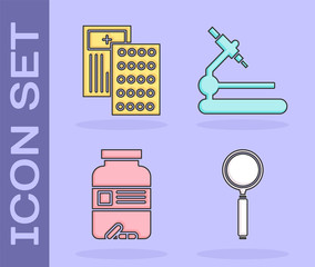 Wall Mural - Set Magnifying glass, Pills in blister pack, Medicine bottle and pills and Microscope icon. Vector