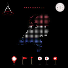 Dotted vector map of Netherlands painted in the national flag colors. Waving flag effect. Map tools icon set