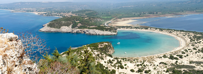 Panoramic view of bay and lagoon Voidokoilia from fortress Palaikastro in Peloponnese,Greece