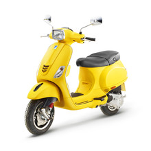 Yellow Retro Vintage Scooter Isolated On White Background. Modern Personal Transport. Classic Motor Scooter Side View. Electric Motorcycle With Step Through Frame. 3D Rendering