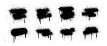 Vector Spray Graffiti Stencil Template With Splashes And Drips Of Paint On A White Background. Grunge Graffiti Spray Effect, Exploding, Black Drops. Isolated Street Art And Text Box Template. Vector 