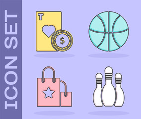 Sticker - Set Bowling pin, Casino chip and playing cards, Paper shopping bag and Basketball ball icon. Vector