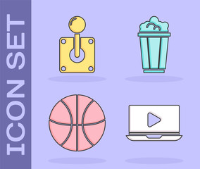 Wall Mural - Set Online play video, Joystick for arcade machine, Basketball ball and Popcorn in cardboard box icon. Vector