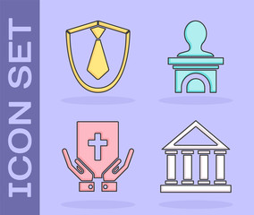 Sticker - Set Courthouse building, Tie, Oath on the Holy Bible and Stage stand or debate podium rostrum icon. Vector