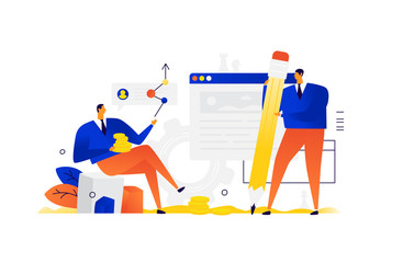 Illustration of a man with a pencil and a businessman with coins. Metaphor. Businessman gives advice. Interface development. A sense of content manager and editor. Flat illustration.