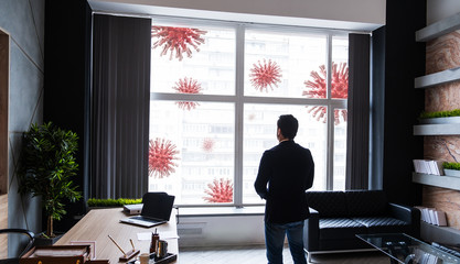Wall Mural - Coronavirus quarantine concept. Businesman looking at corona viruses at street, staying at office. Illustration of covid pandemic panic.