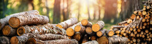 Forest Pine And Spruce Trees. Log Trunks Pile,  The Logging Timber Wood Industry. Wide Banner Or Panorama Photo.