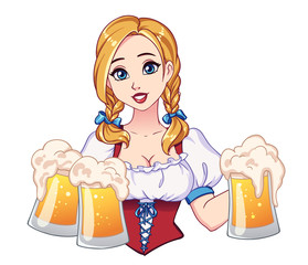 Wall Mural - Beautiful girl with blonde pigtails and big blue eyes holding beer mugs.