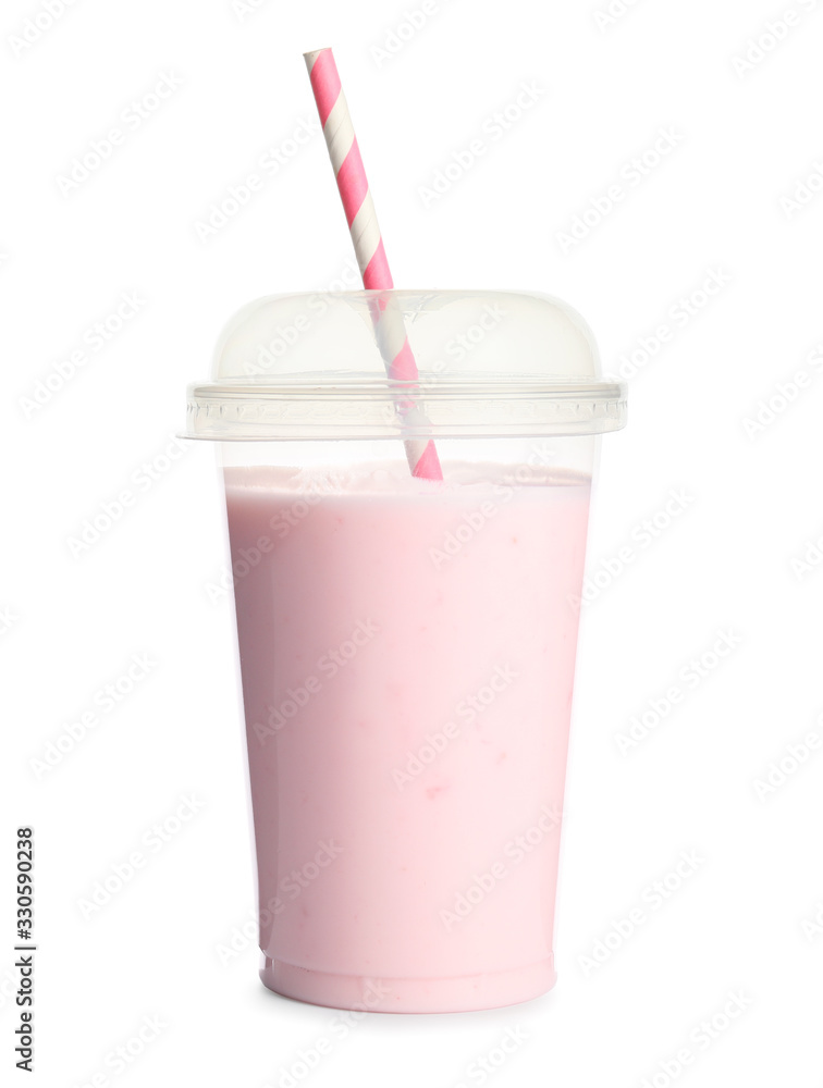 Cup of tasty milkshake on white background