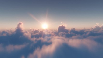 Wall Mural - Infinite Fly above clouds at Sunset - Realistic 3D Render - Seamless video in POV