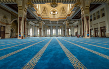 Beautiful Prayer Hall Interior View At Sri Sendayan Mosque, Seremban, Negeri Sembilan, Malaysia.