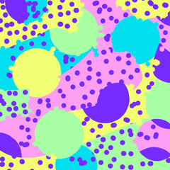 Wall Mural - Color splash abstract cartoon background or playground banner design element. Vector overlay of colorful spotted geometric pattern, lines and dots.