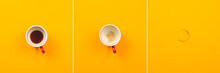 Collage Of Their Three Photos With A Full, Empty Cup Of Coffee And A Coffee Stain On A Yellow Background. Top View. Flat Lay.