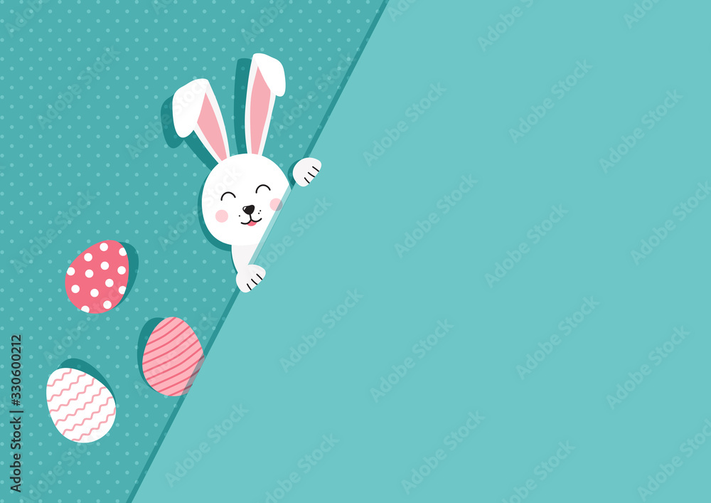 Easter bunny and eggs greeting card. Paper rabbit on polka dot turquoise background. Vector illustration - obrazy, fototapety, plakaty 