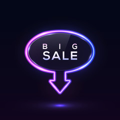Wall Mural - big sale glowing neon sign on dark blue background. oval led arrow frame with glossy plastic plate. 