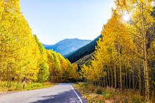 Sunburst Through Forest In Aspen, Colorado Maroon Bells Mountains In October 2019 And Vibrant Trees Foliage Autumn And Sky Along Road