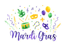 Mardi Gras Traditional Symbols Collection, Carnival Masks, Party Decorations. Watercolor Splash Silhouettes Elements For Cards, Banner. Vector Illustration Isolated On White Background
