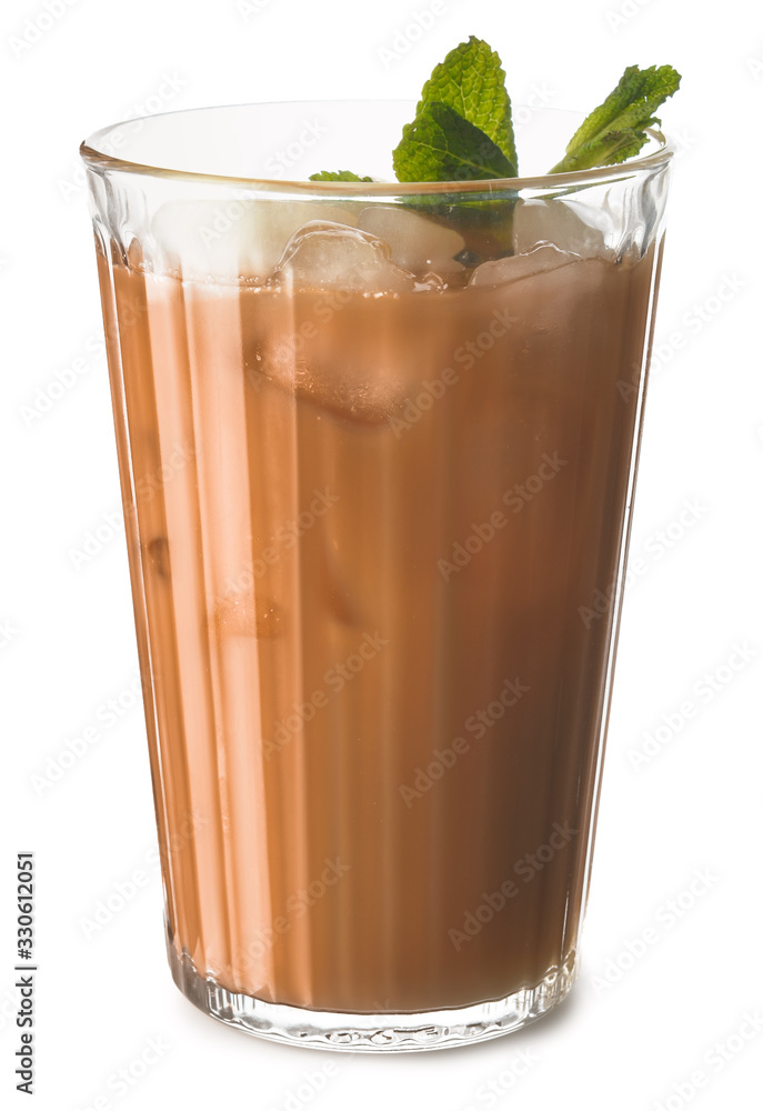 Glass of tasty iced coffee on white background