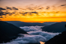 Mountains Landscape Clouds Foggy Mist In Morning Above New River Gorge Valley In Grandview Overlook, West Virginia During Morning Colorful Sunrise