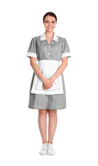 Wall Mural - Young chambermaid in uniform on white background