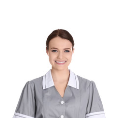 Sticker - Young chambermaid in uniform on white background