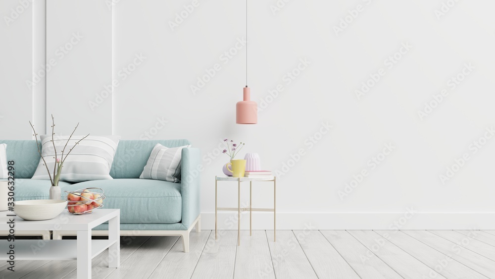 Bright and cozy modern living room interior have sofa and lamp with white wall background. - obrazy, fototapety, plakaty 