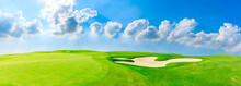 Green Golf Course And Blue Sky With White Clouds,panoramic View.