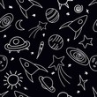 vector seamless pattern, doodle style drawing, space on a black background, like chalk on a blackboard