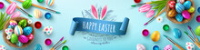 Easter Poster And Banner Template With Easter Eggs In The Nest On Light Blue Background.Greetings And Presents For Easter Day In Flat Lay Styling.Promotion And Shopping Template For Easter