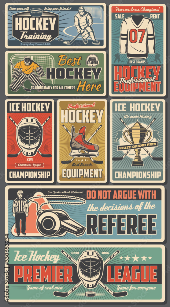 Ice hockey sport players with sticks, pucks, skates and championship trophy cup on rink vector design. Sport team uniform jersey, hockey arena and referee whistle, goalie helmet, mask and goal gate - obrazy, fototapety, plakaty 