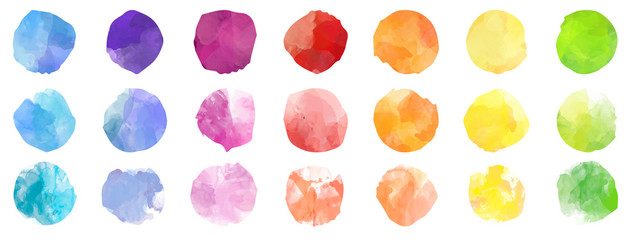 Wall Mural - Set of colorful watercolor hand painted round shapes, stains, circles, blobs isolated on white