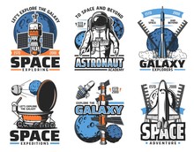 Space Icons With Astronaut, Rockets And Galaxy Planets, Astronomy And Universe Exploring. Vector Spaceship, Satellite, Earth And Moon, Spaceman, Star And Launch Pad, Lunar Rover And Space Suit