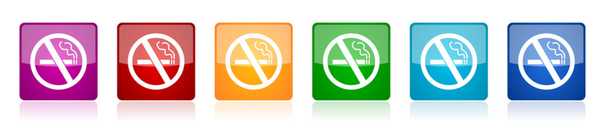 Leinwandbilder - No smoking icon set, colorful square glossy vector illustrations in 6 options for web design and mobile applications