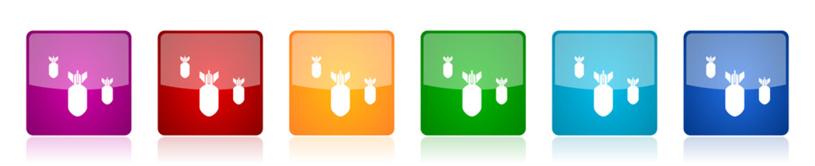 Aufkleber - Bomb icon set, war, military, weapon colorful square glossy vector illustrations in 6 options for web design and mobile applications