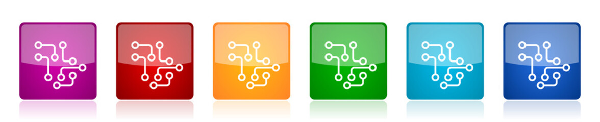Leinwandbilder - Circuit icon set, technology, chip, processor colorful square glossy vector illustrations in 6 options for web design and mobile applications