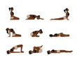 © tanyabosyk - Yoga poses for better sleep. Vector illustrations with african american woman in sport bra and shorts doing asanas from insomnia and relaxing. Healthy poster in flat vector design.