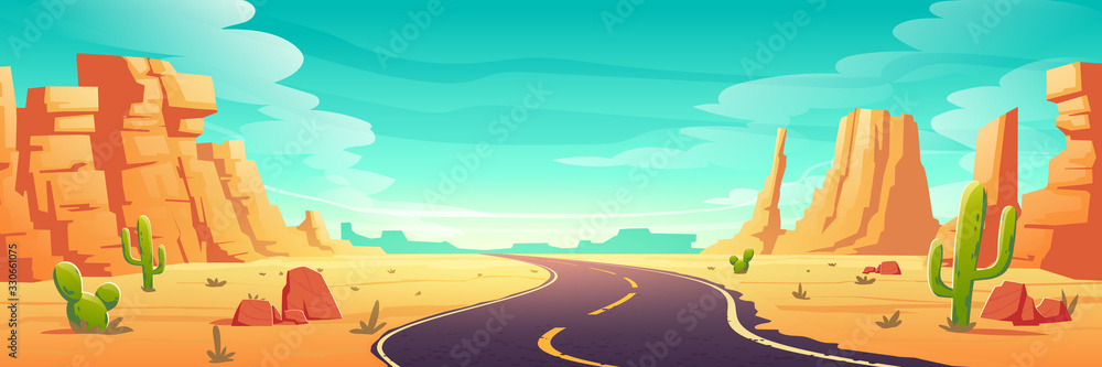 Desert landscape with road, rocks and cactuses. Vector cartoon illustration of highway turn in Arizona or Mexico hot sand desert with orange mountains. Summer western american landscape - obrazy, fototapety, plakaty 