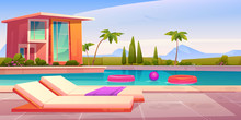House And Swimming Pool With Deck Chairs On Poolside And Balls In Water. Vector Cartoon Summer Landscape With Villa, Basin On Lawn, Palms And Mountains On Background