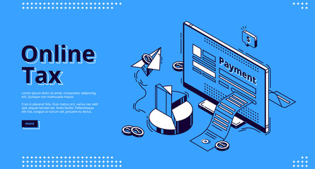 Online tax isometric landing page. Large payment bill coming out of computer desktop screen. Smart technologies for banking accounting, application for internet taxation, 3d vector line art web banner