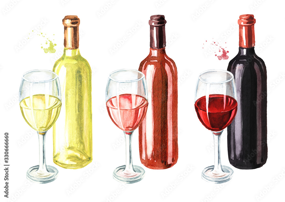 Bottle and glass of wine set. Hand drawn watercolor illustration, isolated on white background - obrazy, fototapety, plakaty 