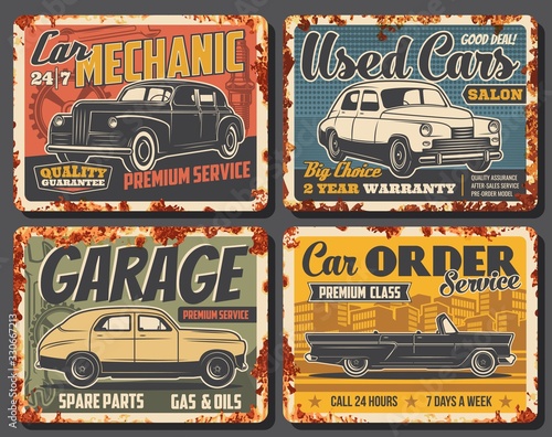  Plakaty do gabinetu   retro-samochod-zardzewiale-metalowe-banery-serwisu-samochodowego-i-warsztatu-mechanika-gazu-oleju-i-czesci-zamiennych