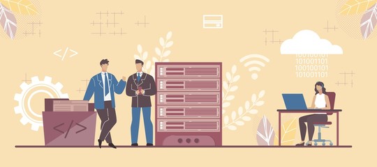 Businesspeople Use SaaS Project Management Tool. Software as Service. Woman Coding Programming Internet Application Line. Businessman Partner Talking. Database Rack in Server Room. Vector Illustration