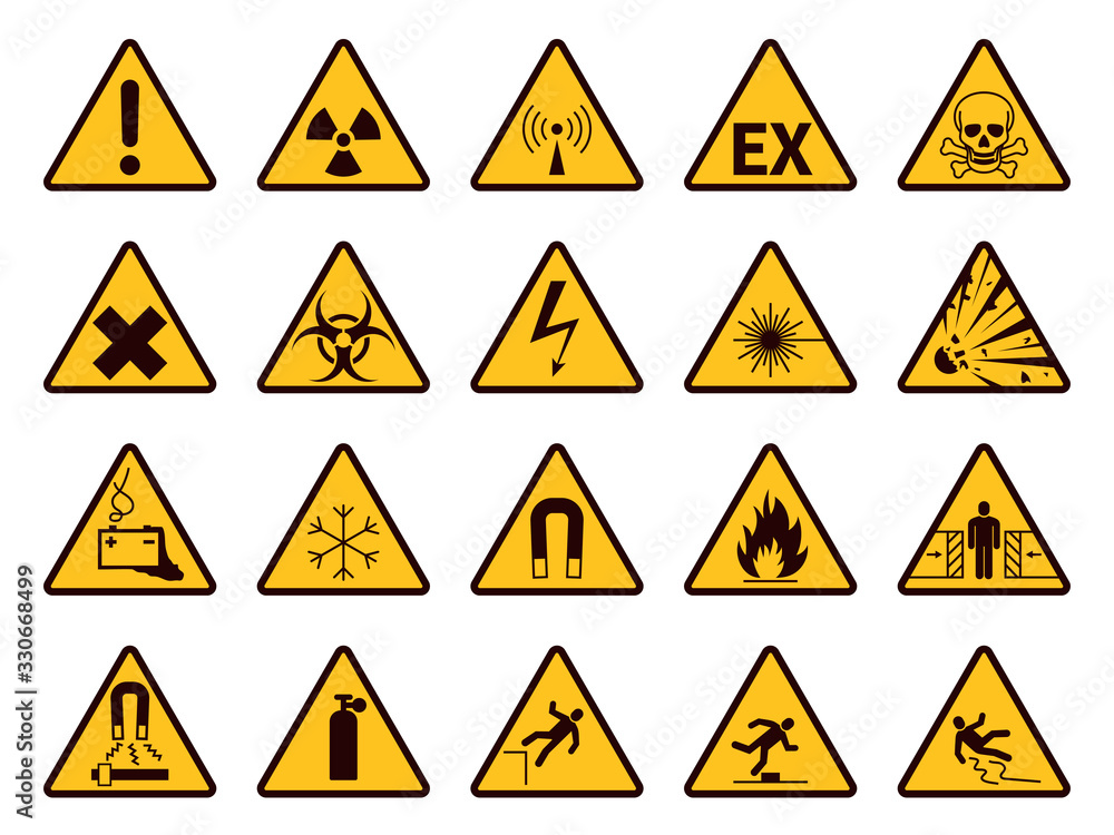 Warning signs. Yellow triangle alerts symbols, attention chemical ...