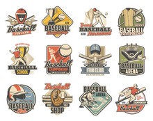 Baseball Sport Retro Icons With Vector Balls, Bats And Trophies. Championship Winner Cup, Player And Arena Play Field, Team Uniform Cap, Glove And Jersey, Catcher Helmet, Mask, Pad And Mitt Badges