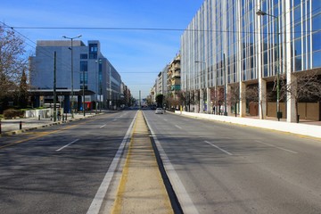 Athens, Greece, March 14 2020 - Empty Suggrou Avenue, one of the most crowded streets of Athens due to Coronavirus quarantine measures.