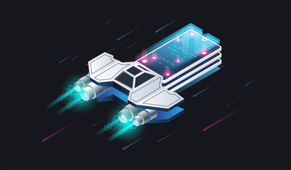 Wall Mural - Abstract spaceship with phone. Data visualization. Mobile software. Modern isometric illustration.