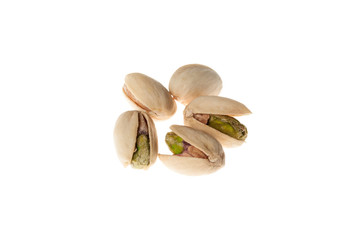 Wall Mural - Salted pistachios nuts isolated on white background. Healthy snack.