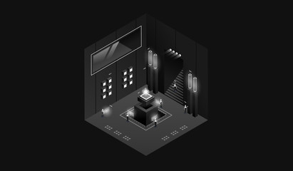 Wall Mural - dark laboratory interior. Data visualization. futuristic industrial building. Dark isometric illustration.