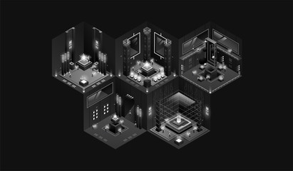 Wall Mural - dark laboratory interior. Data visualization. futuristic industrial building. Dark isometric illustration.